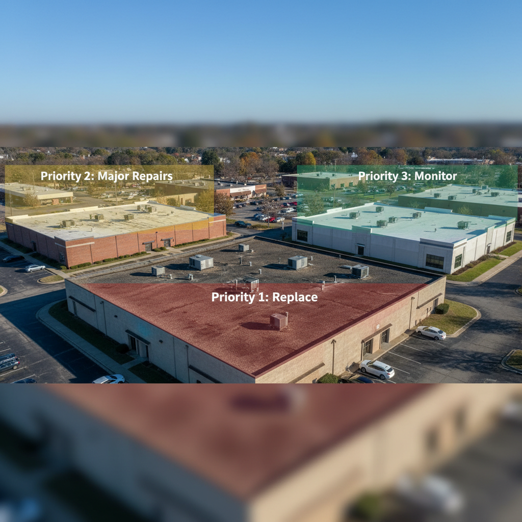 Drone view of three commercial buildings with graphic overlays indicating different maintenance priorities.