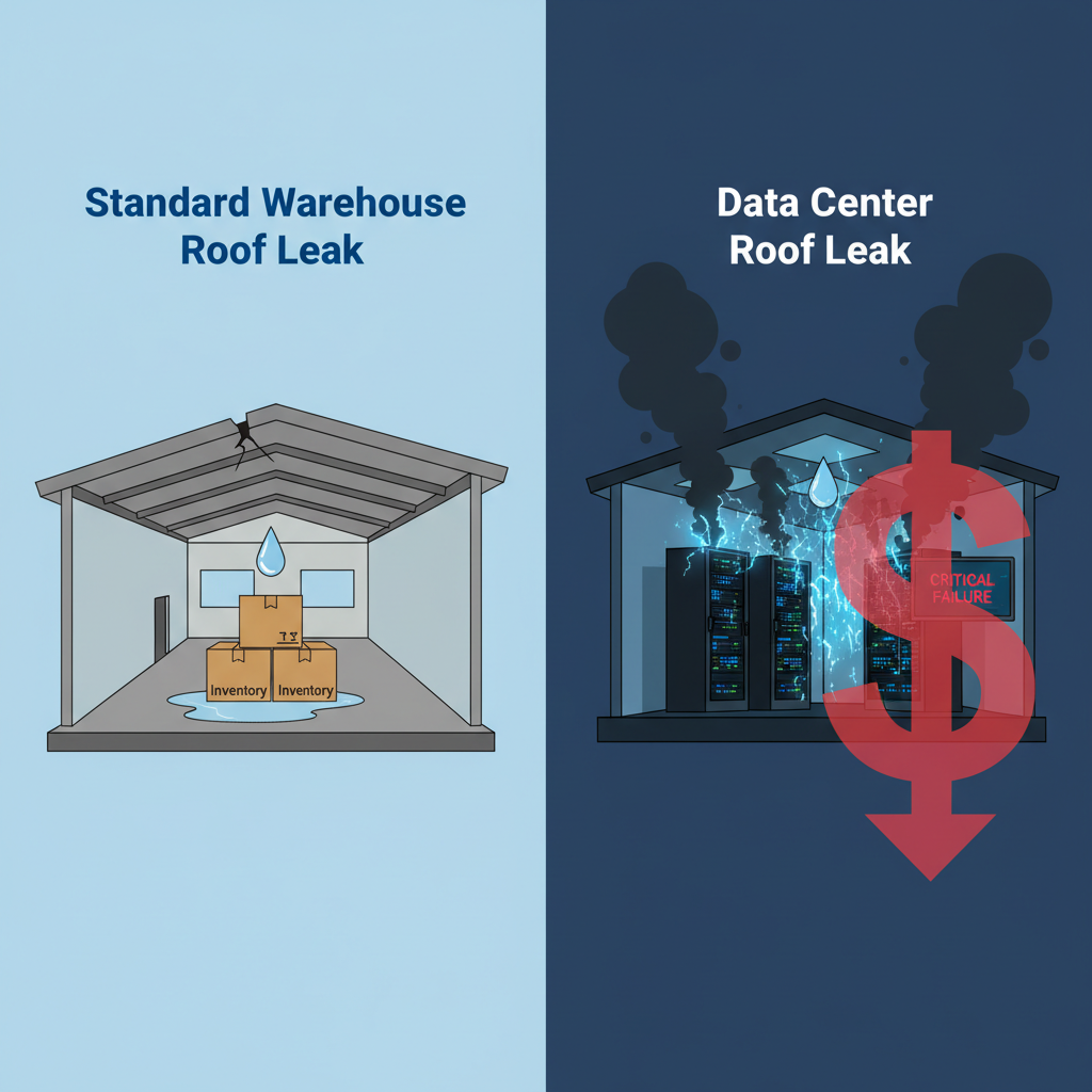 Graphic comparing a minor warehouse leak to a catastrophic data center leak causing server failure and financial loss.