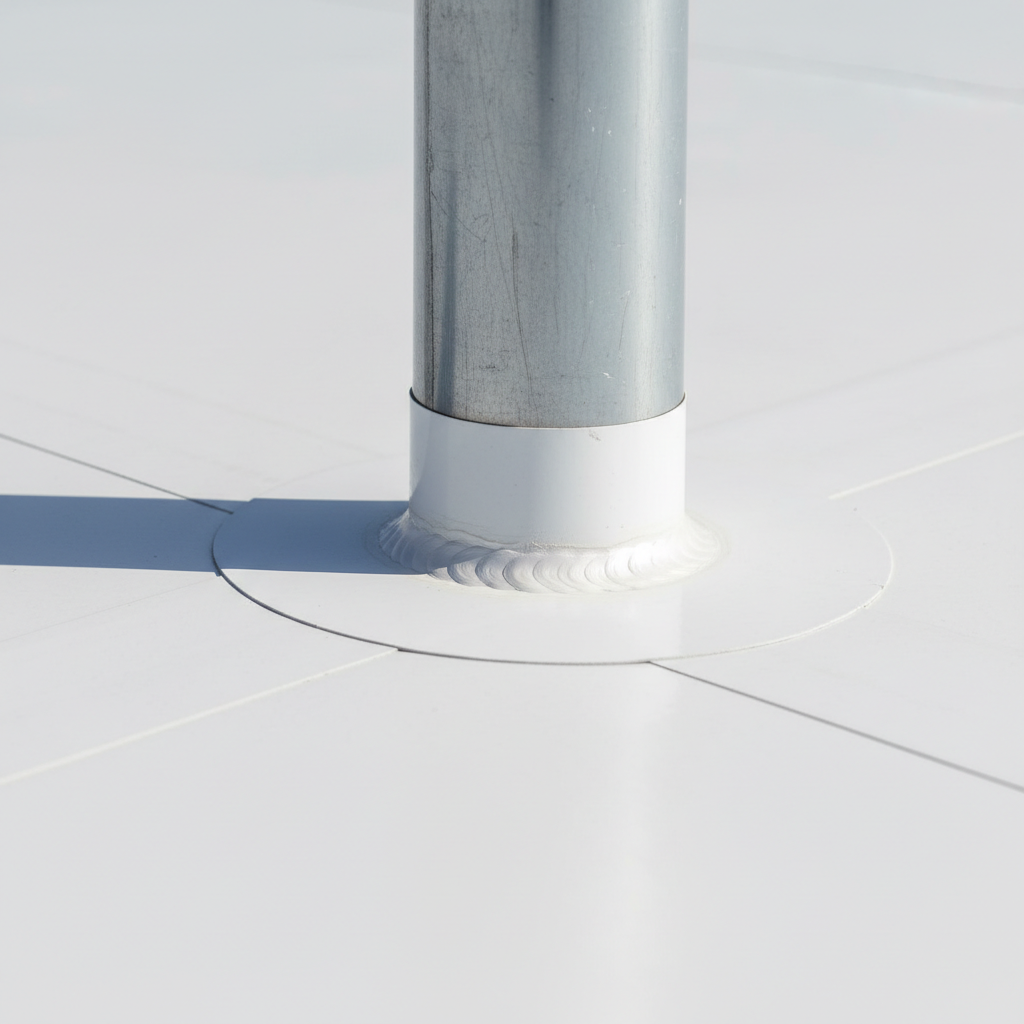 Close-up of a perfectly sealed white PVC roof flashing around a pipe penetration, showing expert craftsmanship.