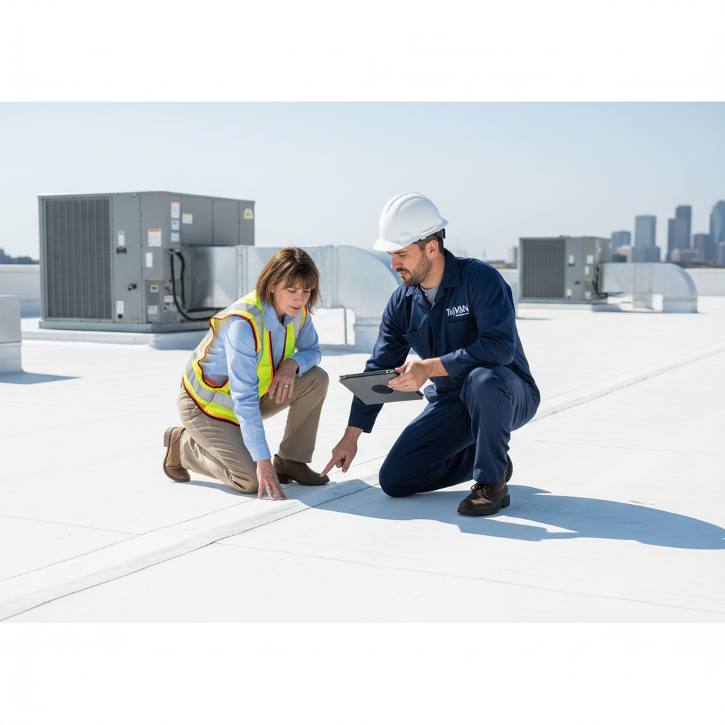 A TriVAN Roofing technician and a facility manager inspect a data center roof, discussing details on a tablet.