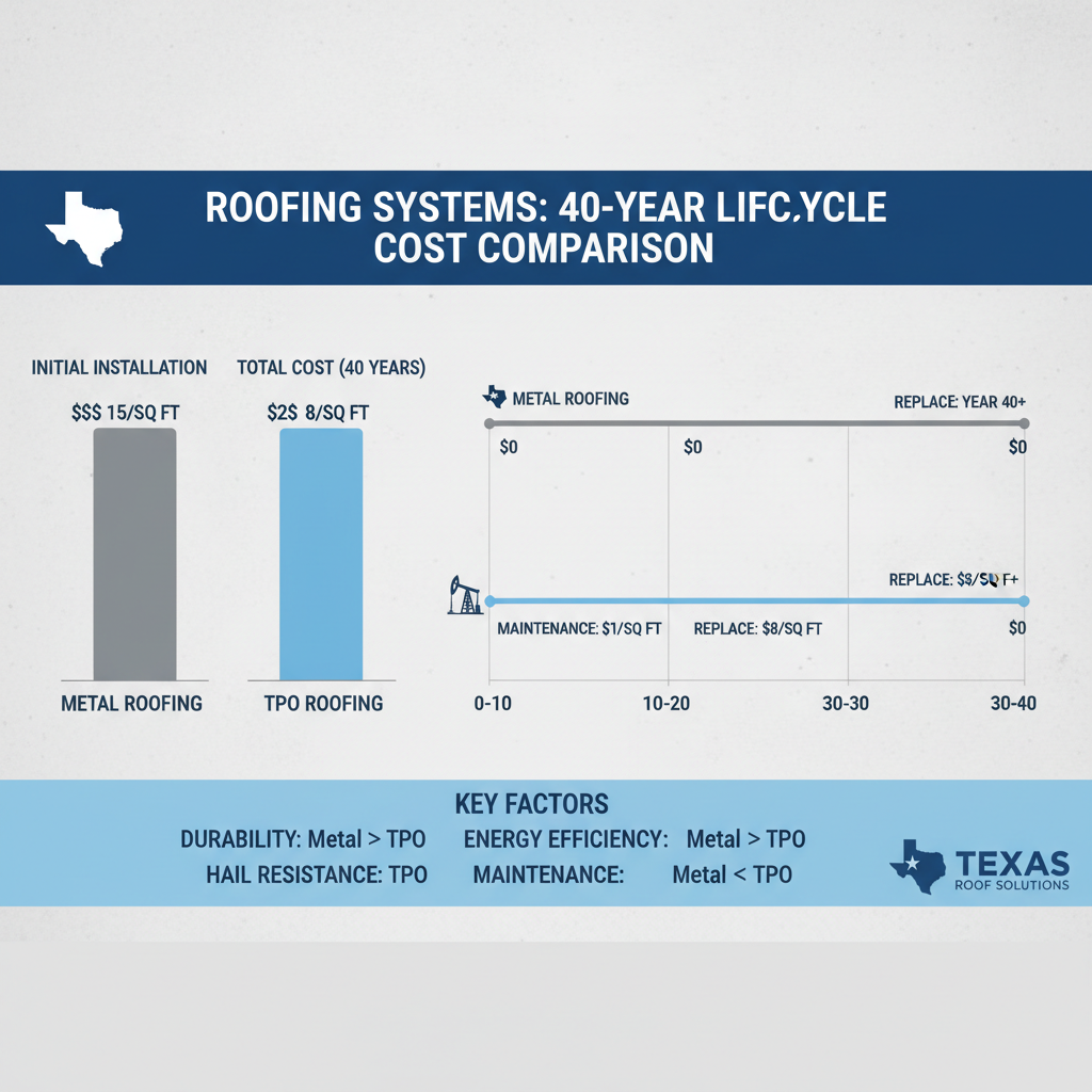 40-year lifecycle cost comparison chart showing metal vs TPO roofing total expenses including opportunity costs