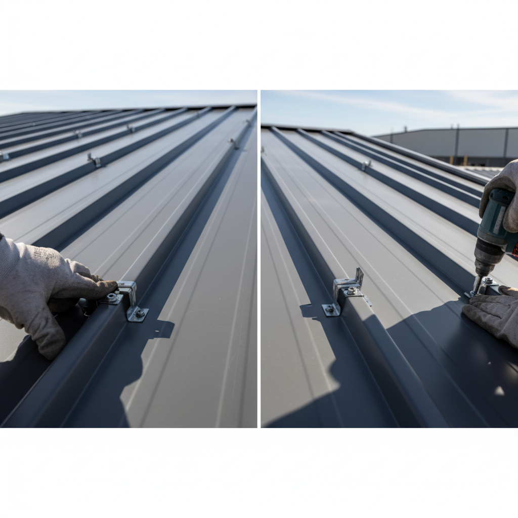 Close-up of standing seam metal roofing installation showing proper and improper techniques