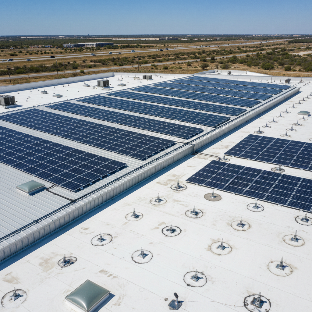 Aerial view comparing solar panel mounting systems on metal and TPO commercial roofing