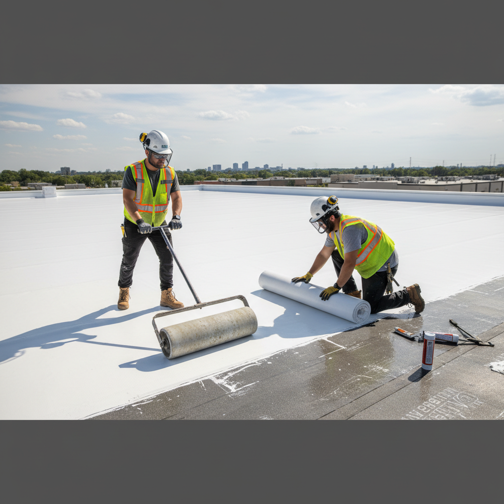 Commercial roofers installing a fully adhered white TPO membrane, one using a large weighted roller.