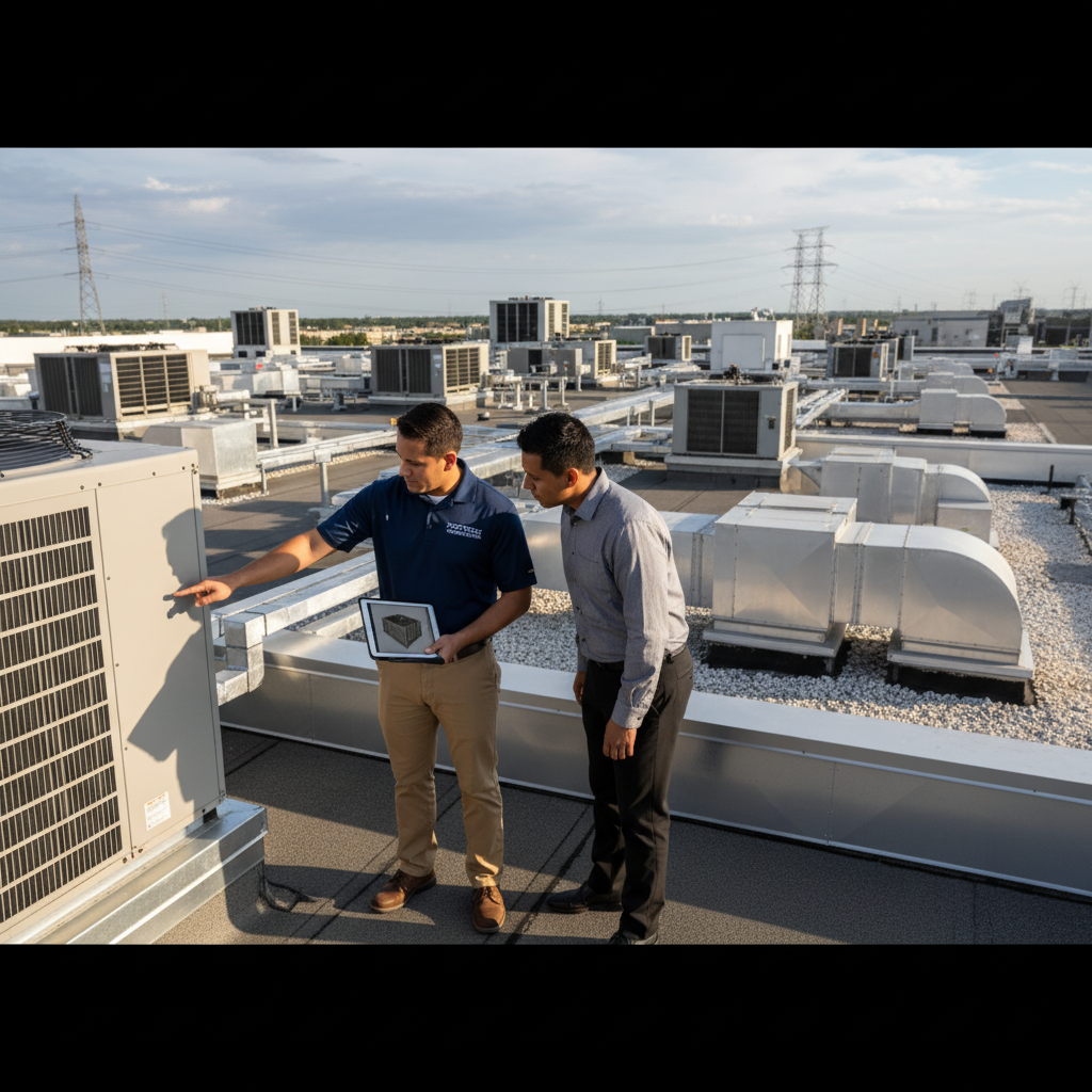 A professional roof inspector and a facility manager reviewing an HVAC curb on a large commercial data center roof.