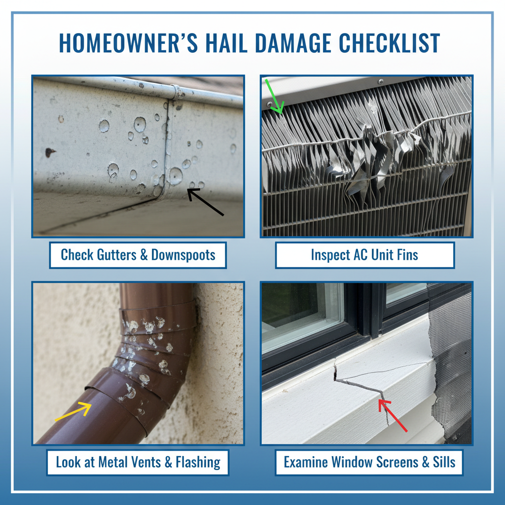 Infographic showing four examples of hail damage evidence on a home: dented gutters, AC fins, a downspout, and a window screen.