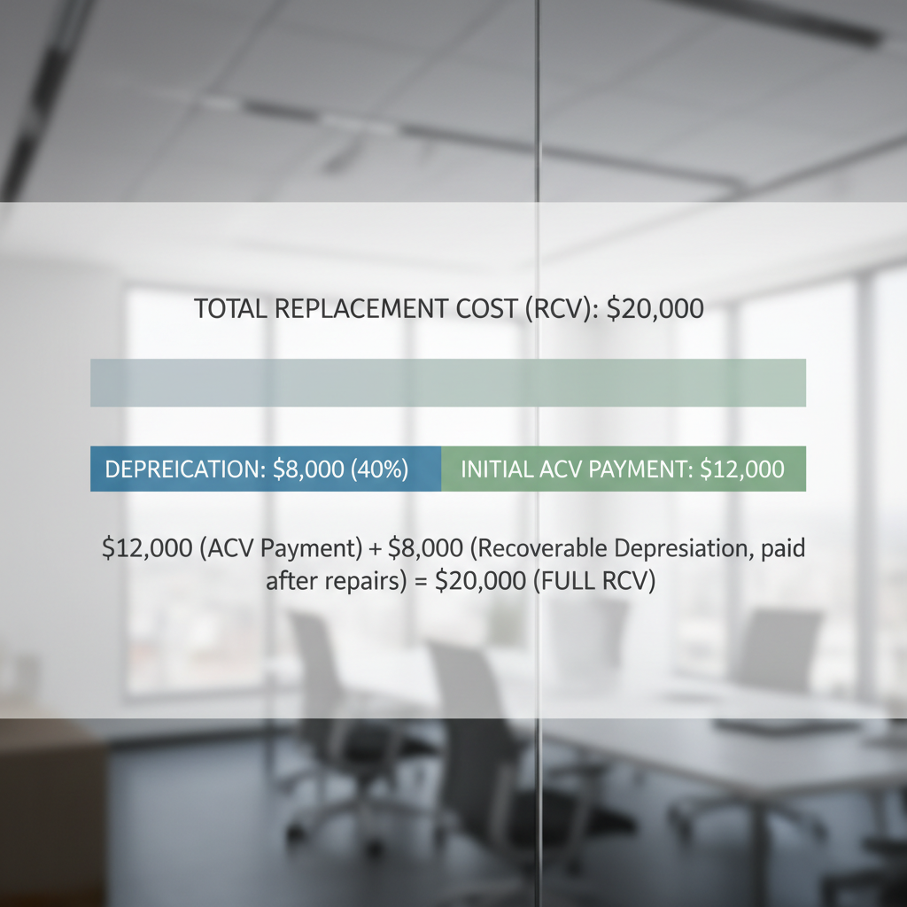 Diagram showing how a $20,000 roof replacement is paid: an initial $12,000 ACV check and a final $8,000 recoverable depreciation payment.