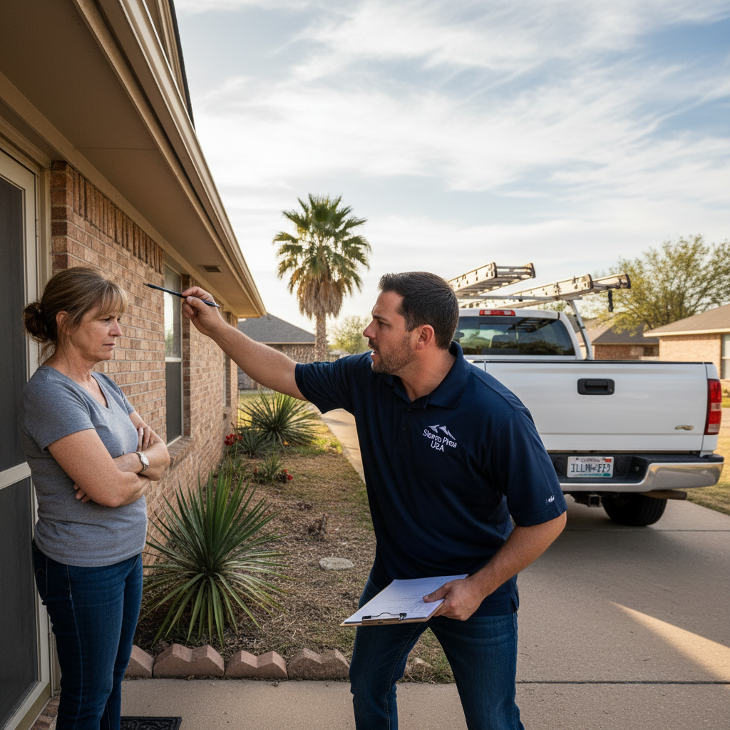 A pushy storm chaser with an out-of-state license plate tries to get a Texas homeowner to sign a contract after a hailstorm.