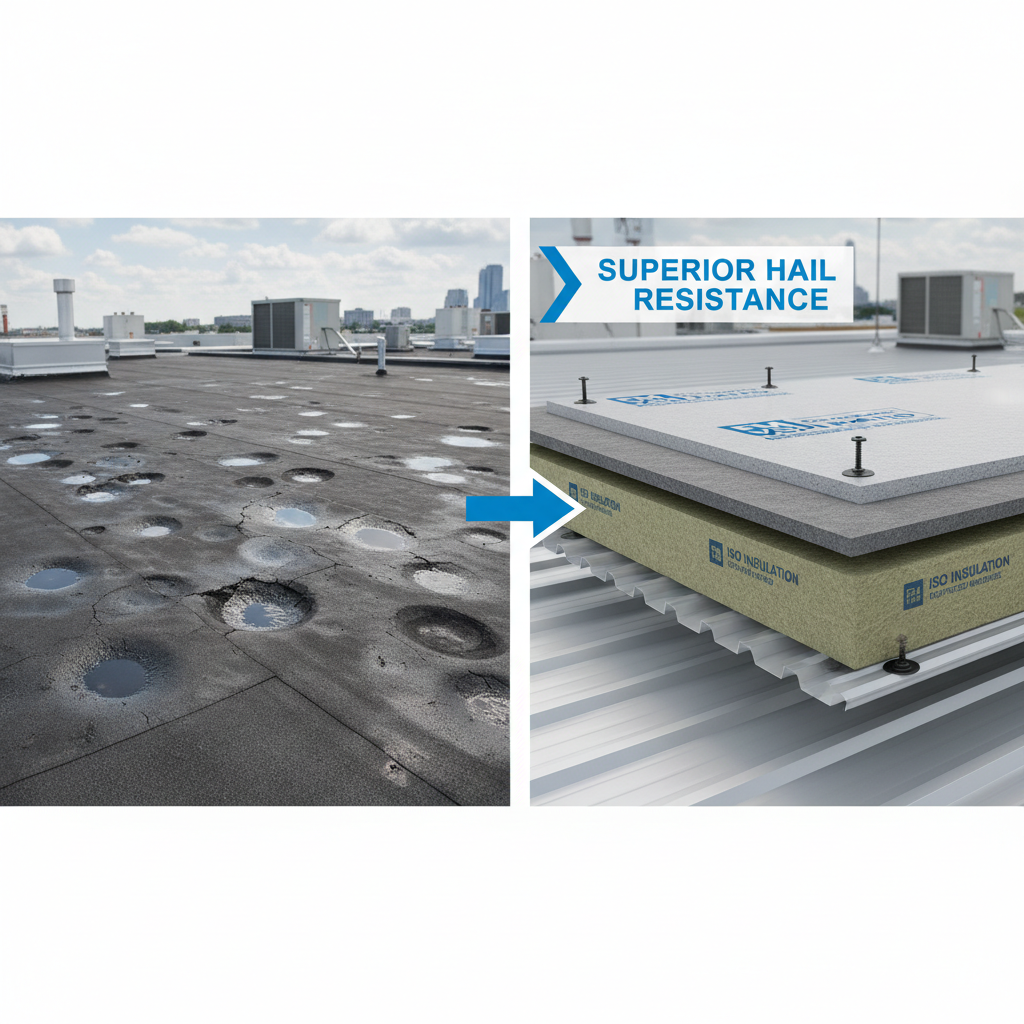 Diagram comparing standard commercial roofing vs VSH rated roof assembly.
