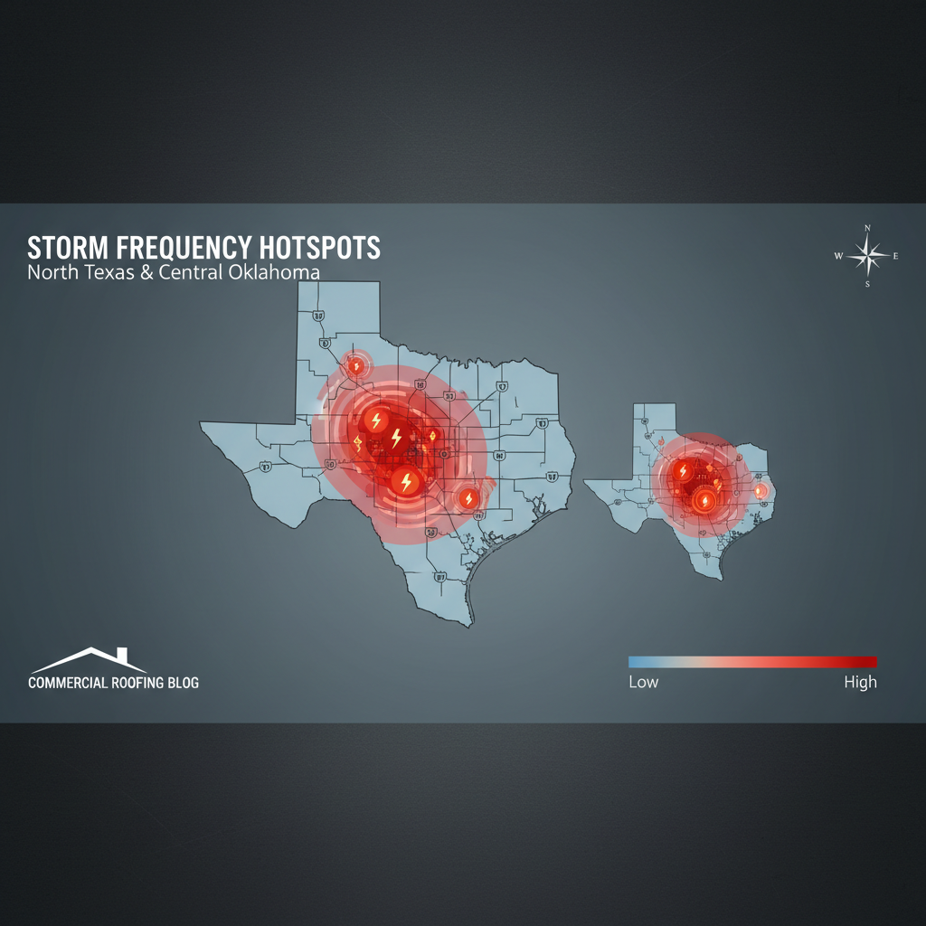 Map of Texas and Oklahoma hail storm frequency zones.