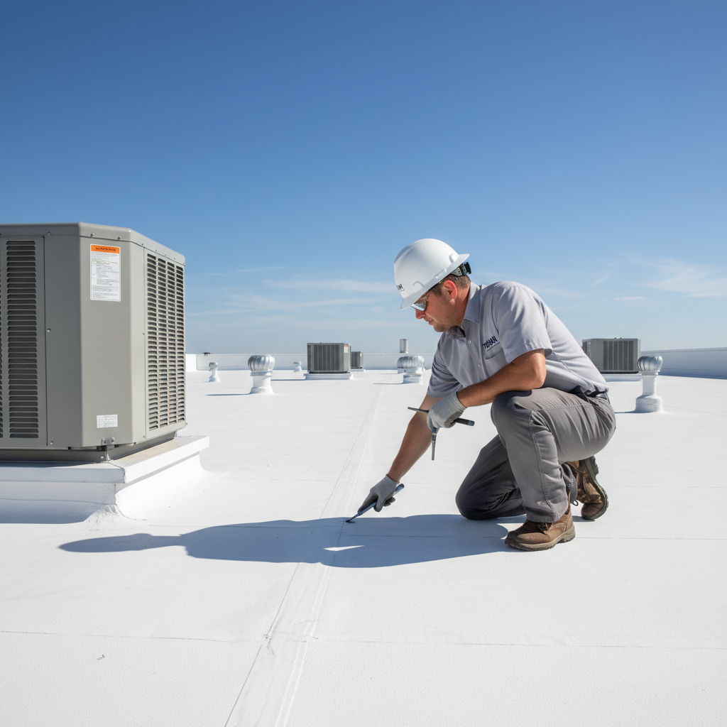 Professional commercial roofing inspector checking a TPO roof membrane.