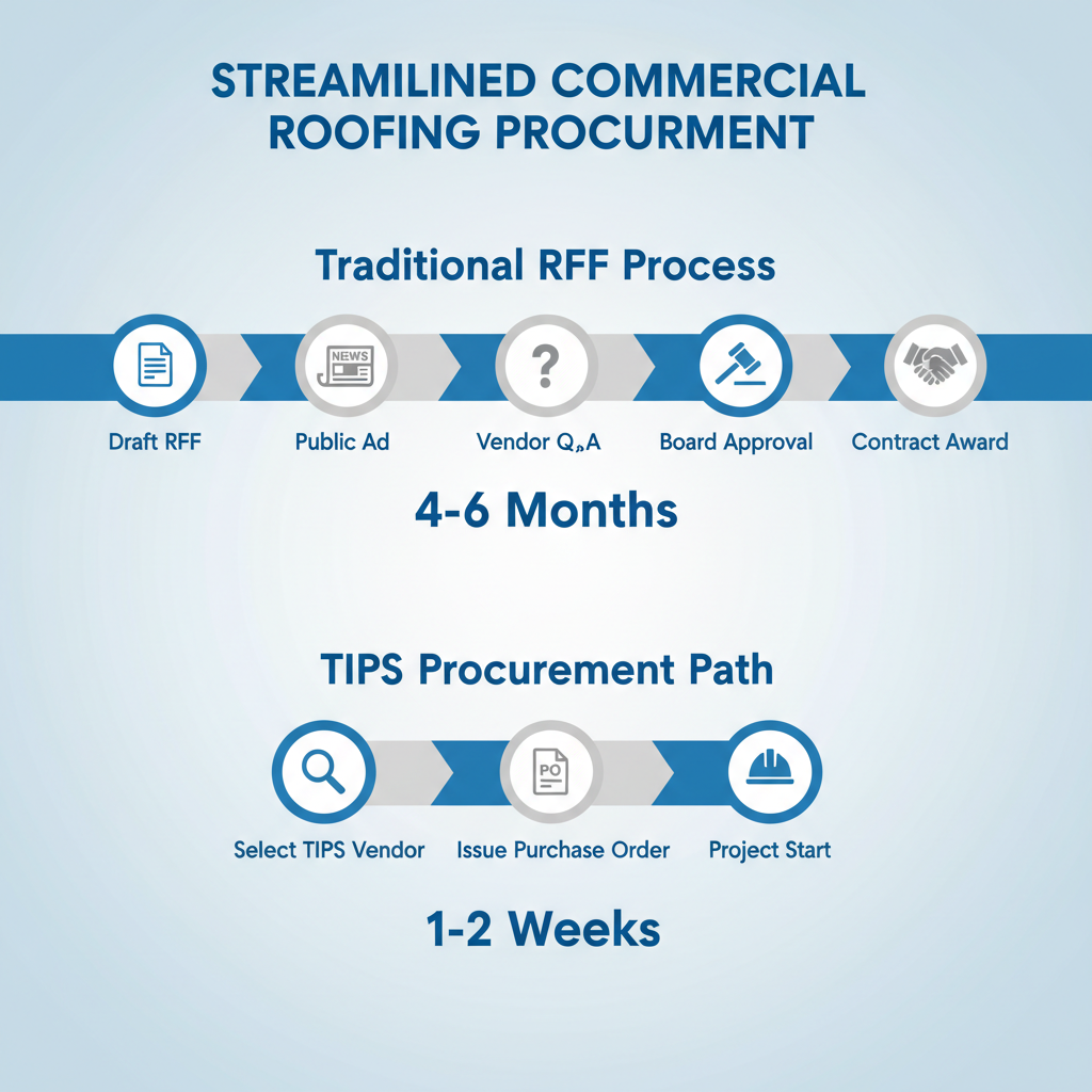 Infographic comparing a 6-month traditional RFP timeline to a 2-week TIPS cooperative purchasing timeline.