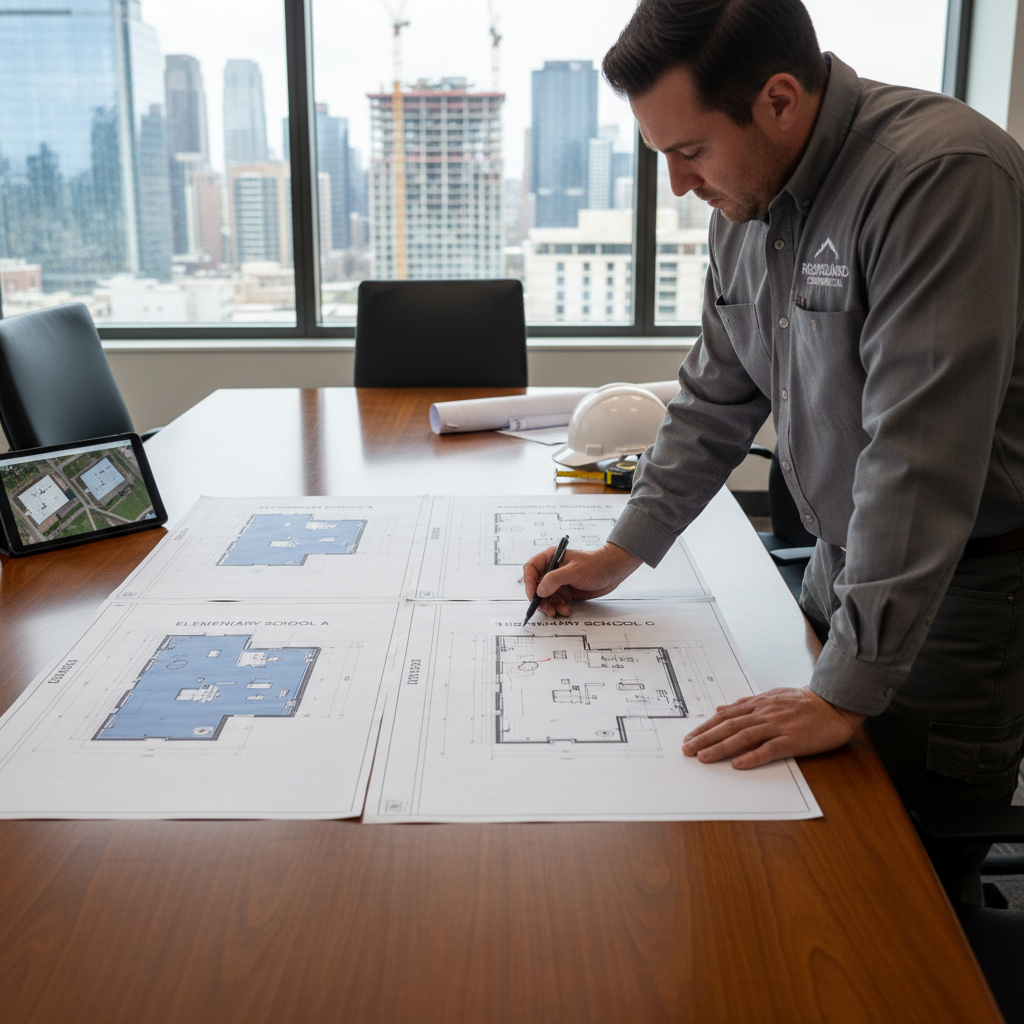 A commercial roofing contractor reviews blueprints for multiple school buildings, planning a multi-year JOC project.
