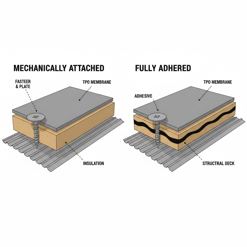 Diagram comparing mechanically attached vs. fully adhered TPO roofing attachment methods and costs.