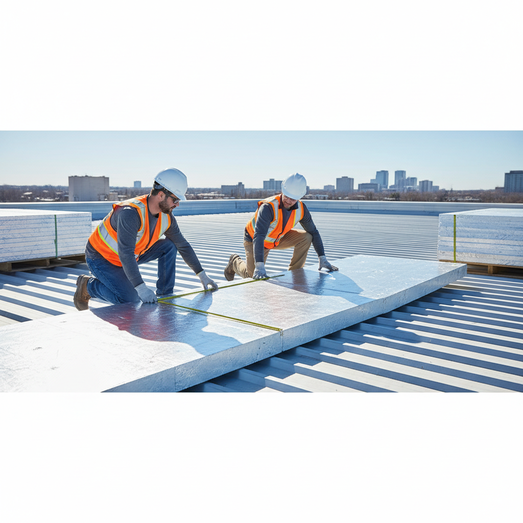 Roofing contractors installing polyiso insulation boards on a commercial roof, a key part of TPO roofing costs.