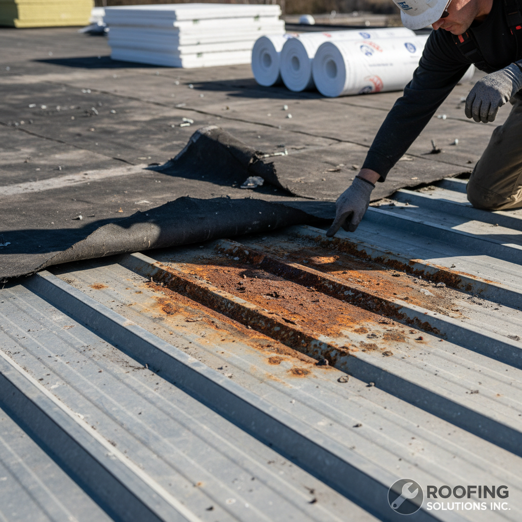 A rusted section of metal roof decking exposed during a TPO roof replacement, representing an additional cost.