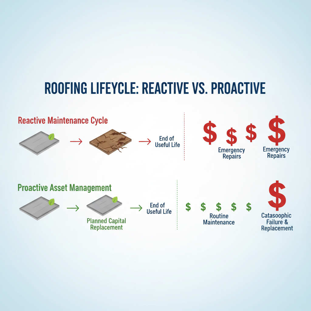 Infographic comparing the high costs of reactive roof repairs versus the cost-effectiveness of proactive roof replacement.