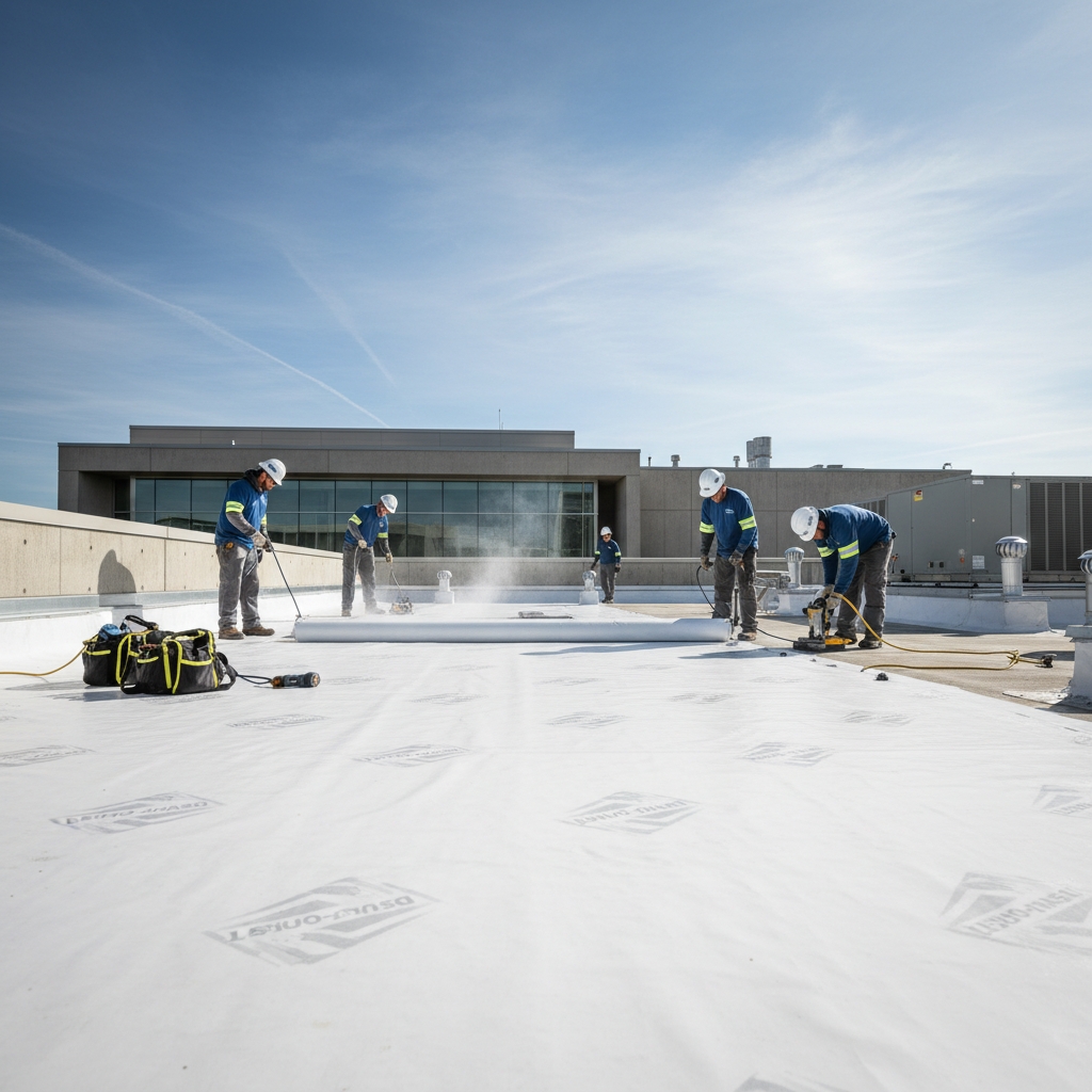 A team of commercial roofers installs a white, energy-efficient Duro-Last cool roof on a modern university building.
